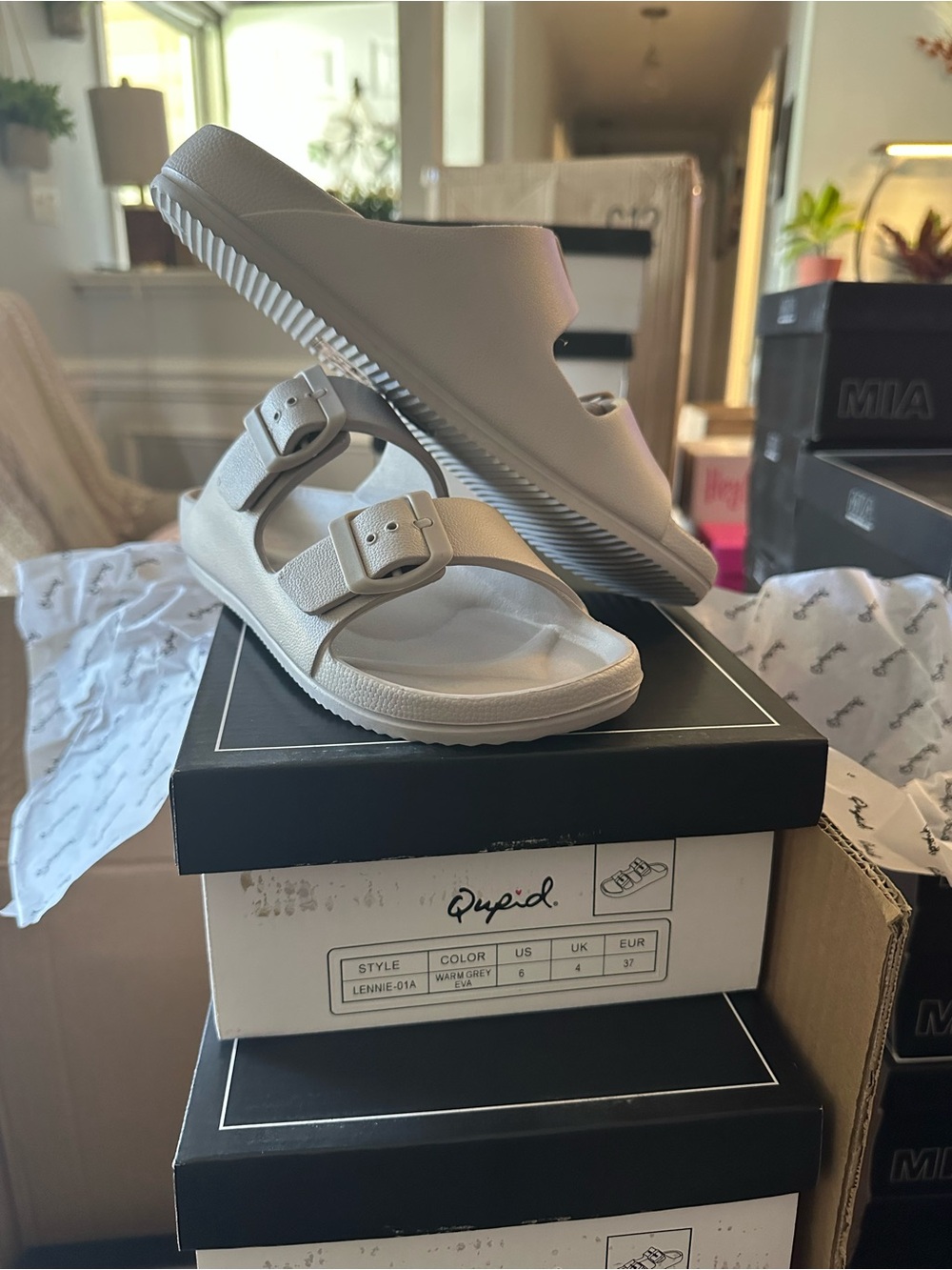 Qupid Warm Grey Double-Buckle Slide Sandals New In Box